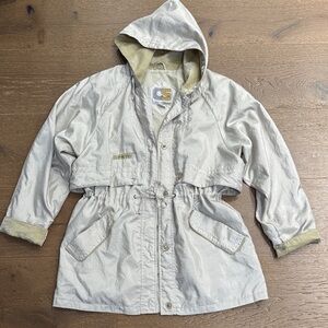 Vintage Style Hooded Utility Jacket Beige Drawstring Waist Size M